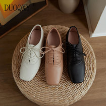Genuine leather leather square head lacing small leather shoes female flat grandma shoes art sensals white single shoes Inn College Wind womens shoes