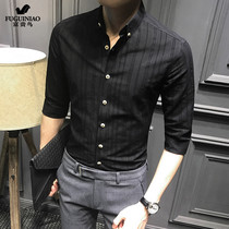 Rich and expensive bird suit shirt male slim fit design feeling small crowdstriped summer French style Japanese pendant feel 70% sleeve short sleeve