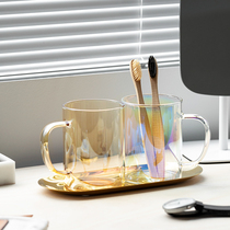 ins stained glass wash cup light luxury couple brush cup large cylinder with handle tray combination set