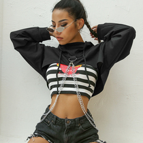  H home European and American ins style chic chain stitching hooded sweater womens early spring top loose thin ultra-short jacket