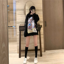 Hooded sweatshirt womens loose bf lazy wind mid-length Korean version of the tide ins large size wild printing Hong Kong flavor top autumn