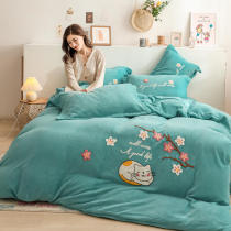 New products autumn and winter warm milk suede towel embroidered with four sets of high gram double sided coral suede thickened sheet kit