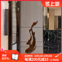 Jingquan new Chinese solid wood fish ornaments wood carving crafts model room porch living room TV cabinet side floor decoration