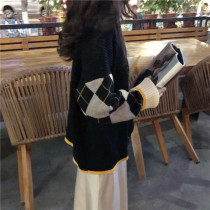 2021 spring Korean version of loose diamond knit jacket foreign atmosphere heart machine female design feel stitching sweater cardigan outside wear