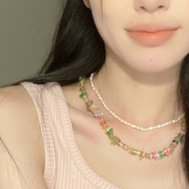 Freshwater special-shaped pearl necklace female sweet and cool hot girl design sense natural colorful stone double layered beaded collarbone chain