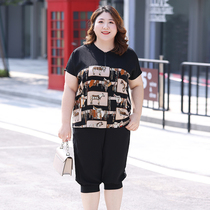 Casual sportswear suit womens 2022 summer new plus size womens clothing fat mm200 catties short-sleeved two-piece tide