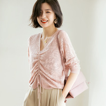 100 hitch loose with slim draw rope V collar hollowed-out press pleats womens taste knitwear blouses woman design feelings Dont give a touch of delicacy