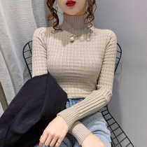 Semi-high neck jacquard pullover sweater women autumn and winter new solid color slim foreign base shirt slim long sleeve sweater