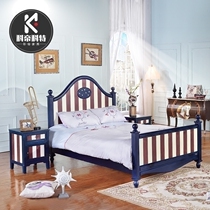 American solid wood bed 1 5 m bed single adult bed small family Mediterranean style bed 1 2 m blue