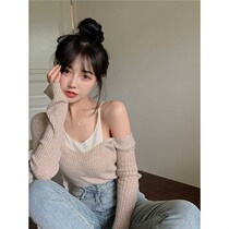  Korean style chic top womens summer new fake two-piece pure desire off-the-shoulder sexy slim wild short long-sleeved T-shirt