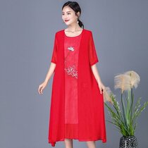 Literary dress women Summer 2020 new size National style embroidery fake two pieces of long skirt red tide