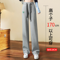 Lengthened grey sports pants female spring autumn style high waist display slim pendant sense loose casual straight cylinder sticker with wide leg guard pants