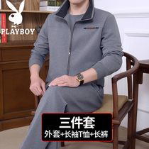 Playboy mens sports suit spring and autumn sweater middle-aged and elderly sportswear middle-aged casual dad three-piece suit