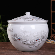 Jingdezhen with lid green flower rice cylinder ceramic rice barrel storage rice box 10 20 tons of pork oil jars pickled tea leaf jars for home