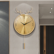 Wall clock living room home fashion pure copper deer head clock personality Cartoon creative Nordic restaurant Wall quartz clock
