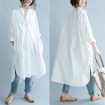 Extra large size womens clothing fat mm autumn long-sleeved shirt Fat sister medium-long white dress loose thin shirt