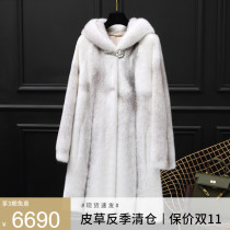 New cross Marten imported fur ladies hooded whole mink medium long mink coat mink coat FD7335