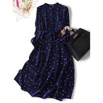 2021 new products spring and summer retro herbene wind hidden turquoise dot printed real silk belt mulberry silk one-piece dress