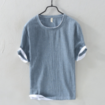 Chinese style linen short-sleeved mens cotton and linen top clothing Ice silk casual T-shirt Mens loose linen half-sleeved T-shirt