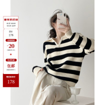 ICTS rich and strong live simple French style small opening lapel contrast color striped thick needle thick sweater