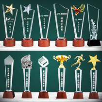 Solid wood crystal trophy custom lettering creative enterprise champion medal custom retired employee five-pointed star authorization card