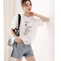 Japanese womens ultra-comfortable 60 cotton age reduction pop small print white loose thin Teet shirt