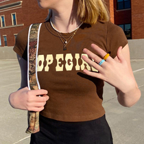 H home street style American casual color letter print T-shirt women early spring navel short round neck short sleeve top Brown