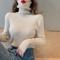 Velvet thickened sweater womens autumn and winter pullover Korean version high collar long sleeve knitted short base shirt slim warm top