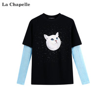 Lasciabel 2022 spring new kitty printed pure cotton T-shirt woman long sleeve loose splicing dummy two blouses