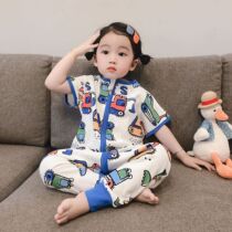 Childrens sleeping bag summer thin section baby pure cotton short-sleeved spring and autumn baby one-piece split leg anti-kick quilt four seasons universal section