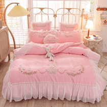 Cotton lace embroidered bed skirt four-piece set skin-friendly and comfortable cotton lace embroidered bed skirt four-piece set