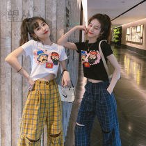 Net red fried street age reduction fashion set 2021 new summer leisure hole Plaid wide leg pants two-piece women