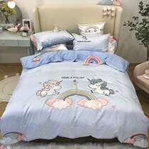 Small frescoed cartoon rainbow embroidery bed for four sets of young girl hearts full cotton pure cotton cute male wind ice silk quilt cover