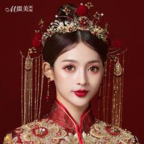 2019新款秀禾头饰中式大气新娘发饰红色毛球金色流苏禾服龙凤卦饰