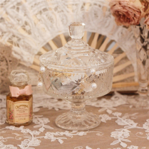 Retro French carved transparent glass lace shabby original glass jar sugar jar storage jewelry storage jar