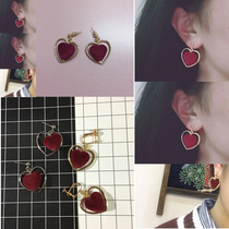 Handmade Harajuku style vintage velvet sweet geometric wine red love hair ball earrings metal stud earrings without earrings