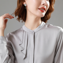 2020 new spring and summer silk shirt womens cross neck shirt pullover solid color long sleeve mulberry silk shirt