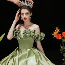 Straight Shoulder Satin Evening Gown 2022 new toast Toast Feast Temperament slim engagement dress Dress Bull oil Googreen