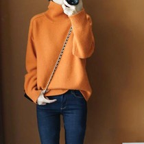 Pure color (clear cabin) autumn and winter orange cashmere female high collar thickened loose sweater short sleeve head slapped bottom needled jersey