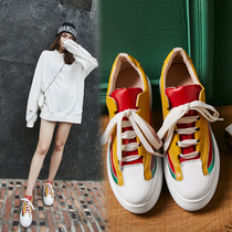Casual shoes women Joker students comfortable lace-up color sports shoes leather Korean version of new single shoes platform shoes