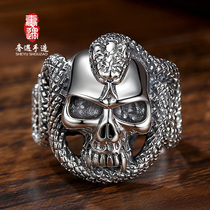 LRER luxury encounter 925 silver jewelry retro personality tide skull Cobra silver ring mens domineering index finger ring
