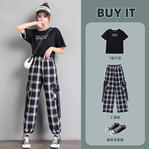 Tooling Plaid Pants Children Summer Thin Style Casual Loose Straight Drum Pants High Waist Display Slim Casual Little Subbroadlegged Pants