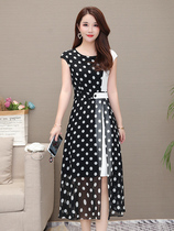 Wave point sleeveless dress female summer temperament chiffon stitching light cooked 2020 summer new waist mid-length skirt