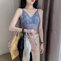 Hollow strap vest female inner short lace shirt beautiful back net red explosion with chest pad outer top