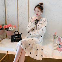 Pregnant women spring summer dress 2021 hot mom fashion Korean sweet wave Dot doll collar long sleeve pregnancy skirt