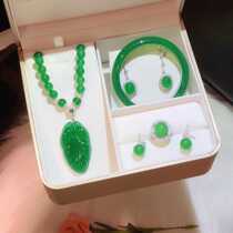 s925 silver inlaid natural ice seed green jade medullary bracelet leaves pendant ring earbuds emperors green emerald green suit