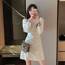  Bubble sleeve square collar dress new female French retro skirt waist thin temperament fairy small dress