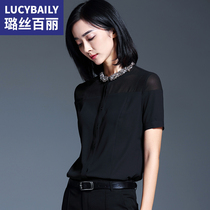 Lusi Belle Black Shirt Womens Short Sleeve Summer Chiffon Shirt 2021 New Loose Top Professional Semi Perspective Small Shirt