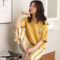 Pajamas women Summer cotton thin short sleeve spring and autumn summer ladies Capri pants size fat MM home clothes two-piece