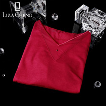 Liza Cheng autumn winter warm clothes red festive underwear womens base shirt V collar thick cotton sweater LD00017